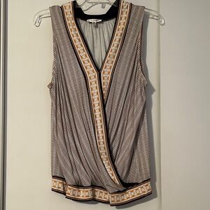 Chic Black and White Sleeveless Blouse with Geometric Trim